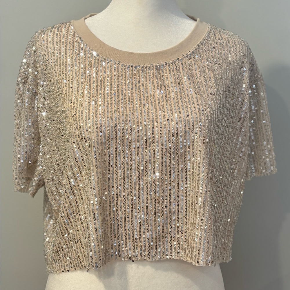 UO West Sequin Cropped Party Boho Hipster Tee
